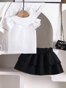Tenue de mode coréenne style académique été 2024 pour bébé fille, chemise sans manches + jupe à volants - Blanc - Voir 2