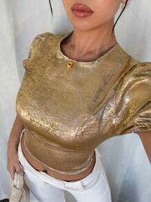 Chiquease 性感金属露背系带泡泡袖衬衫