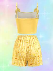 SHEIN X Care Bears Conjunto de pijama de top de tirantes con diseño de orejas 3D y estampado de oso Funshine y shorts con estampado de estrellas, en estilo casual y adorable, para primavera y verano