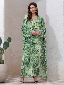 Al Najma 女士优雅全印花蝙蝠袖土耳其长裙 - 綠色 - 查看 6