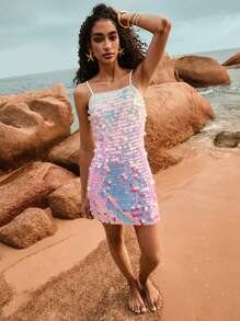 Poéselle Vestido mini lentejuelado tipo top camiseta para playa y resort de mujer