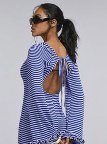 Athîral Women's Textured Knit Holiday Long Sleeve Flare Sleeve Open Back Floral Stripe Dress Vacation Summer - Multicolor - View 5