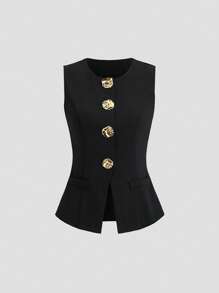 Sweetra Petite 极简主义法式基本款金属大纽扣无袖西装外套，小码女装 - 黑色 - 查看 1