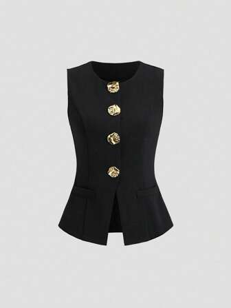 SHEIN PETITE Blazer sans manches minimaliste en métal de base français, grande taille, pour femme de petite taille
