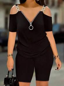 INAWLY 2pcs/Set Sexy V-Neck Zipper Short Sleeve Bodycon T-Shirt And Shorts Set - Black - View 1