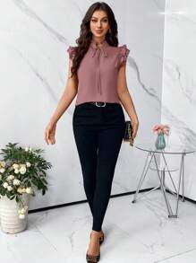 SHEIN Clasi Blusa con cuello de corbata y volantes para el Día de la Mujer - Rosa vieja - Ver 4