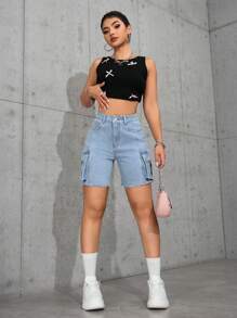 SHEIN PETITE Women's Utility Pocket Casual Versatile Denim Shorts - Light Wash - View 3