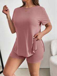 SHEIN Essnce 2pcs/Set Women Plus Size Solid Round Neck Short Sleeve Ribbed T-Shirt And Shorts Short Sets Plus Size
