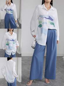 Seusyu Women's Geometric Print Drop Shoulder Long Sleeve Single Breasted Shirt - Multicolor - View 1