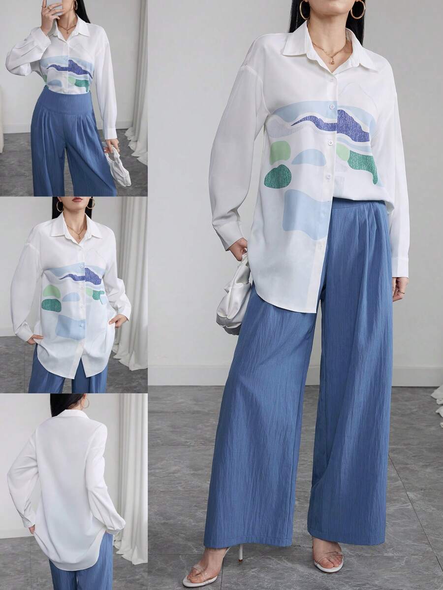 Seusyu Women's Geometric Print Drop Shoulder Long Sleeve Single Breasted Shirt - Multicolor - View 1