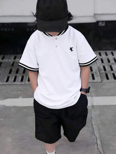 SHEIN Mirajuku 青少年男孩休闲时尚马匹印花罗纹领短袖 Polo 衫