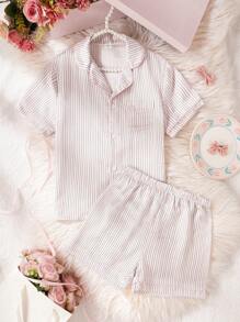 2 chiếc áo ngắn tay bằng vải satin dễ thương cho bé gái tuổi mới lớn và quần short thường ngày, bộ đồ ngủ mềm mại Bộ quần áo cho bé gái tuổi mới lớn Bộ đồ ngủ tay ngắn - Hồng - Xem 3