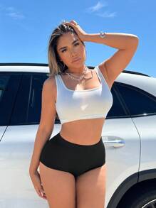 SHEIN SXY 春夏装服装度假海滩优雅休闲音乐节夜店家居服黑色高弹针织超剪裁紧身短裤热裤四分紧身骑行裤长款紧身打底裤三件套