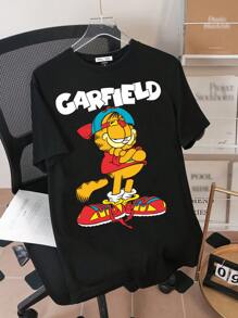 GARFIELD X SHEIN Men Cartoon & Letter Print Round Neck Short Sleeve T-Shirt, Summer
