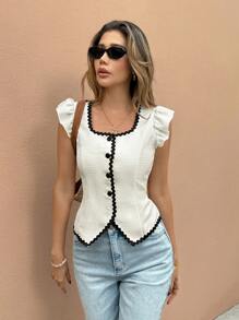 SHEIN Frenchy Áo sơ mi nữ dáng suông, cổ vuông, tay bồng, cài cúc đơn, phối màu, phong cách cổ điển, thích hợp mặc đi làm hàng ngày, mùa hè cho nữ, đi nghỉ mát, mùa xuân cho nữ, áo kiểu thanh lịch màu trắng cho nữ, kỳ nghỉ ở khu nghỉ dưỡng. - trắng - Xem 3