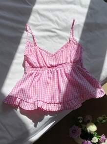 Comfortcana Große Größen Sommer rosa kariertes Camisole-Top mit Volant-Saum