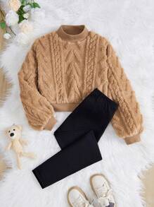 SHEIN 2 piezas Conjunto informal para niñas preadolescentes de sudadera holgada de punto waffle teñido anudado y pantalón relajado