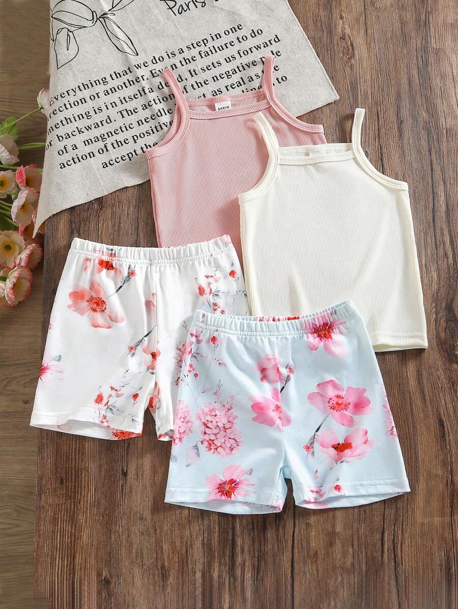 2pcs Set Baby Girl Elastic Ribbed Camisole With Floral Print & Tight Shorts, Comfortable Casual Summer Outfit - Pink - View 1