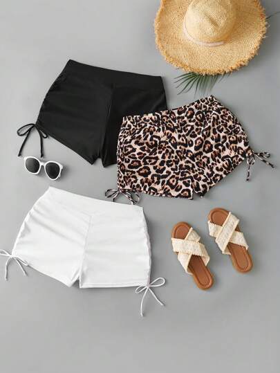 Swim Vcay 3pcs Plus Size Women Black & White Leopard Print High Waist Bottoms, Simple Vacation Swimwear For Summer