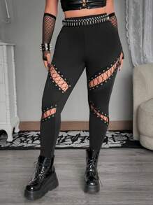 Whyspr Grunge Punk Rave Plus Size Leggings - Black - View 3