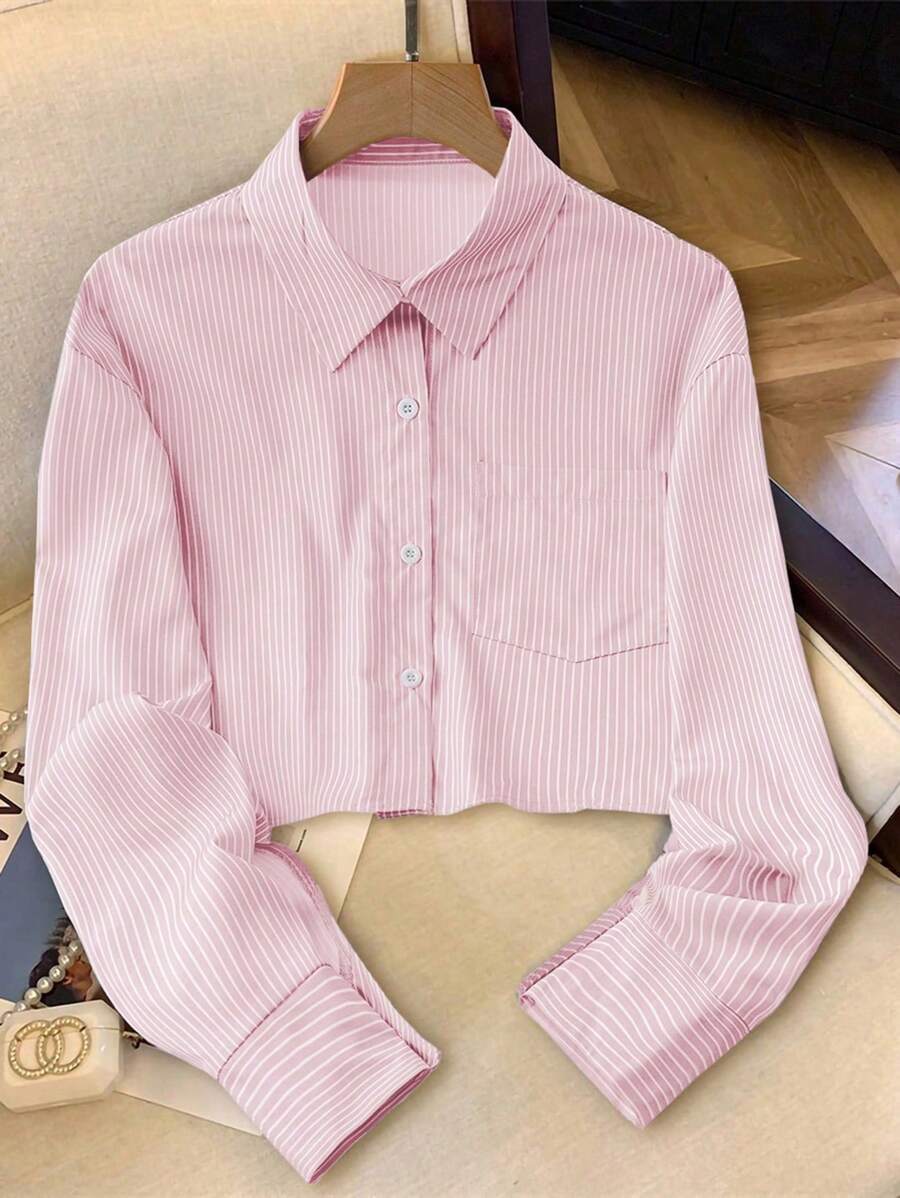 SHEIN PETITE Women Striped Casual Loose Shirt (With Pockets), Spring/Summer - Pink - View 1