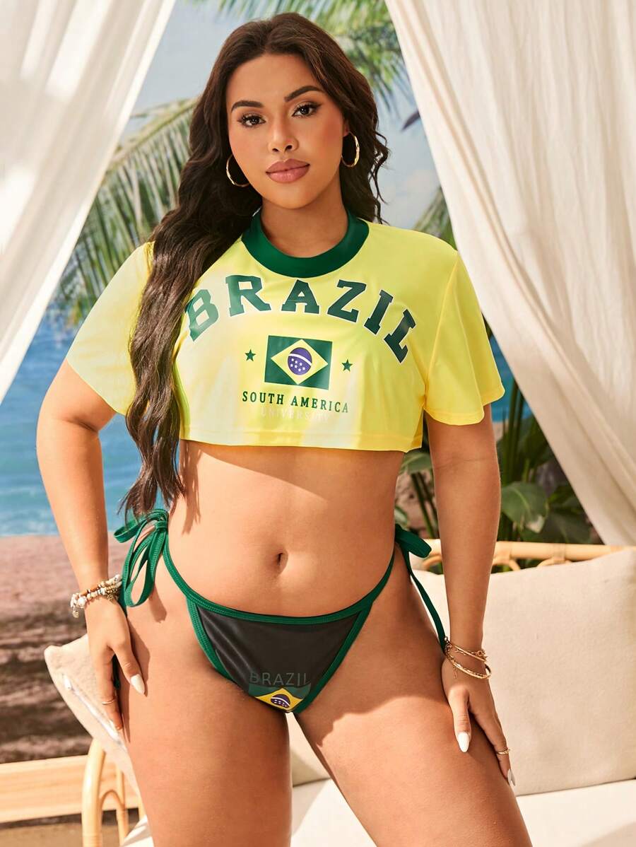 SHEIN Swim Curve 大码女式 3 件套套头短袖罩衫，印花性感吊带束腰开叉比基尼泳装，度假 - 黃色 - 查看 1