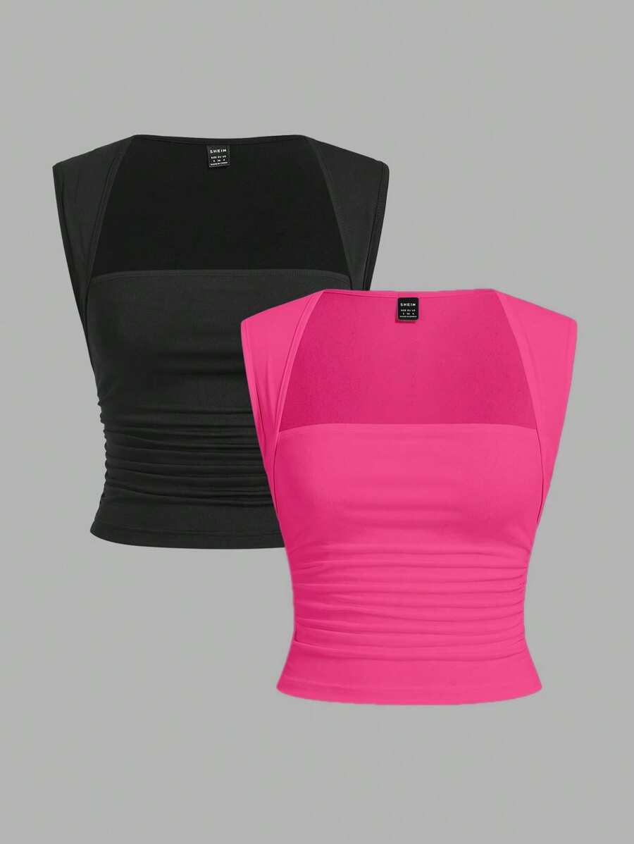 SHEIN EZwear 黑色和玫瑰红色无缝针织女士紧身吊带背心 - 玫紅色 - 查看 1