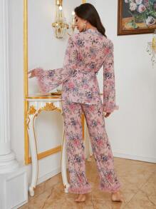 Floral Print Mesh Trim Romantic Floral Sleep Pajama Set - Pink - View 2