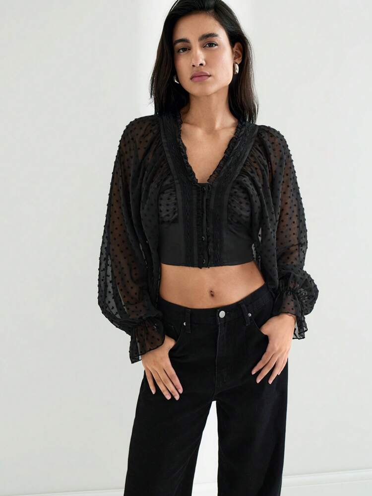 SHEIN Maija 2025 Summer New Black Lace Patchwork Waist Tie Polka Dot Jacquard Shoulder Sleeve Casual Chic Everyday Versatile Music Festival Beach Vacation Romantic Urban Getaway Suitable For Outing Party Wedding Guest Retro Graduation Season