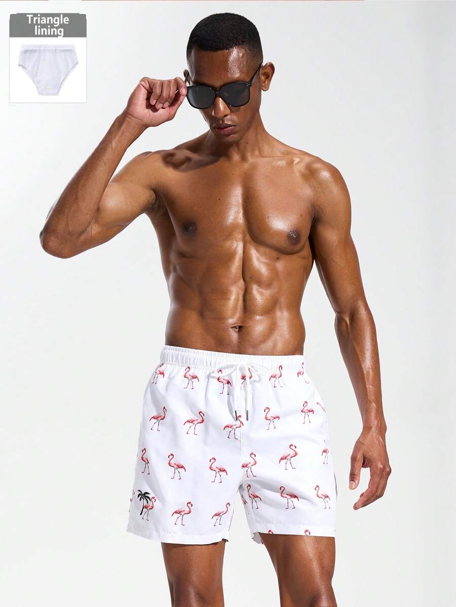 Surfspeed Men's Flamingo Print Drawstring Waist Beach Shorts - White - View 1