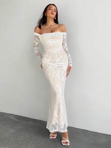 Aloruh Vestido ajustado tipo ajustado de manga larga de encaje blanco con hombros descubiertos, escote drapeado, apropiado para fiestas, citas nocturnas, temporada de bodas y eventos formales de noche, otoño/invierno