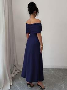 Selianne 女士短袖 V 领褶皱 A 字形轻盈优雅浪漫连衣裙 - 藏蓝色 - 查看 4