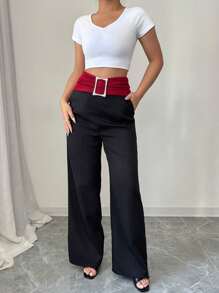 Chiquease Women's High Waist Contrast Splice Removable Belt Wide Leg Pants Fall Cloth For Women - Black - View 5