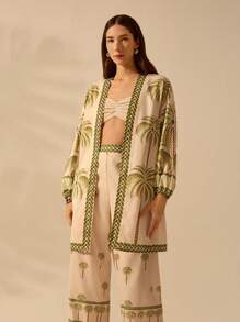 CAJUNI 女士波西米亚风椰子树印花灯笼袖长款和服罩衫夹克，夏季休闲度假海滩罩衫 - 彩色 - 查看 3