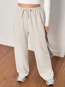 SHEIN 青少年女孩杏色休闲针织宽松长裤，适合春夏秋冬家居服 - 杏色 - 查看 4