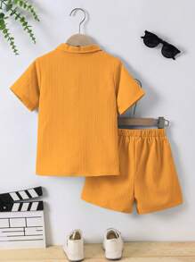 SHEIN Young Boy Solid Button Front Shirt & Shorts Without Tee - Yellow - View 2