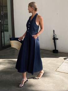 DAZY Gaun Denim Wanita Model Kerah V yang Dicuci - Dark Wash - View 7