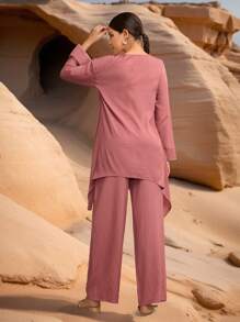 Graceveil Conjunto de 2 piezas: Top con cuello en V y volantes en el bajo, y pantalón largo de cintura elástica para mujer, para primavera/verano - Rosa - Ver 2