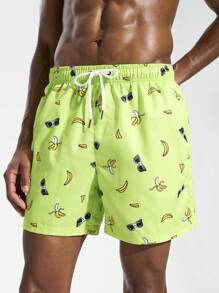 Surfspeed Men's Eyeglasses Print Drawstring Waist Beach Shorts - Green - View 5