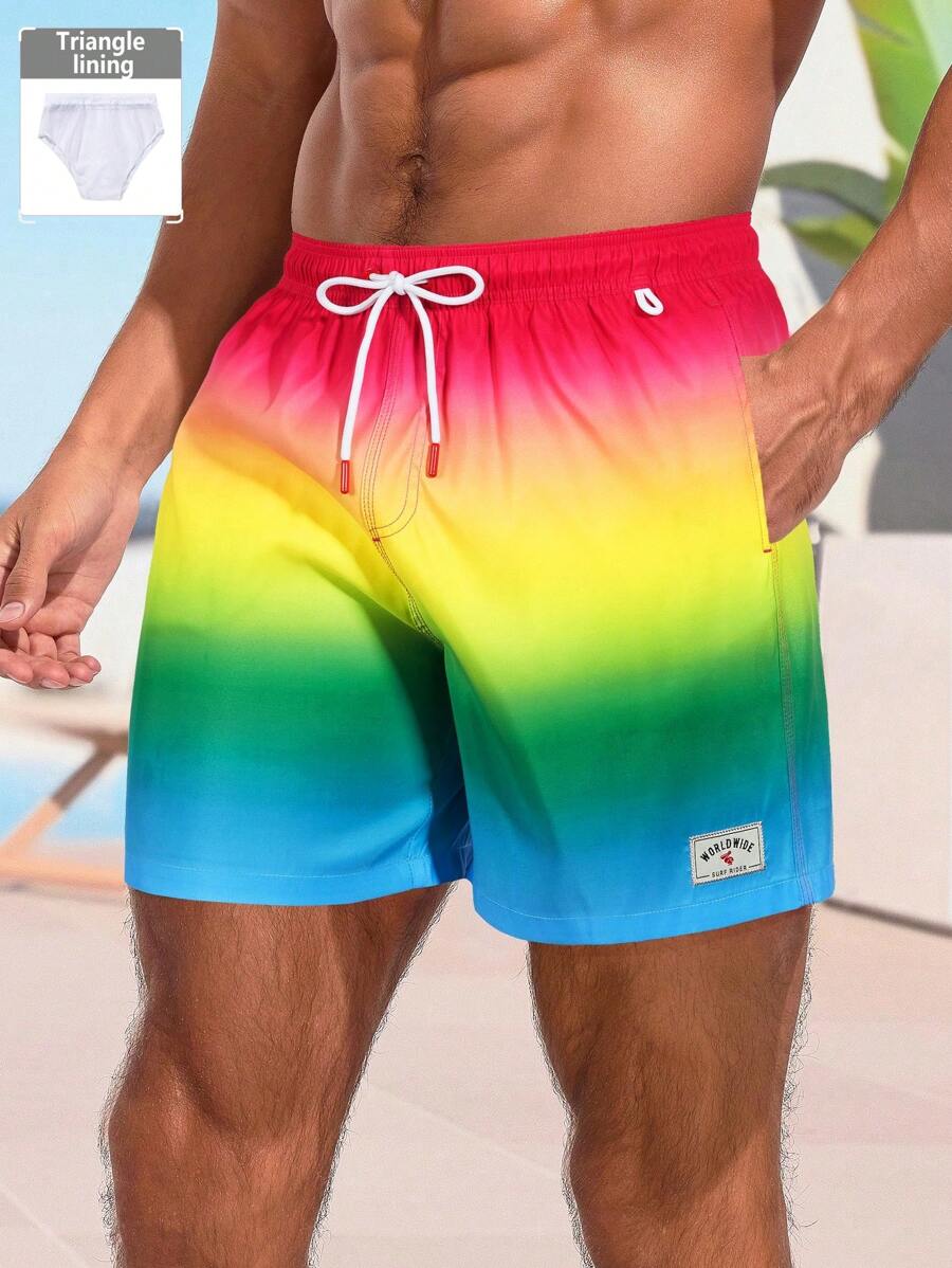 Manfinity Swimmode Shorts casuales de playa con bolsillo y nudo delantero en degradado para hombres, de ocio y vacaciones