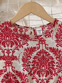 Tween Girl Floral Print Pattern Cap Sleeve Waist Gathered Long Dress