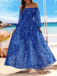 Breezaya Off-Shoulder Floral Print High Slit Maxi Beach Dress, Summer - Baby Blue - View 6