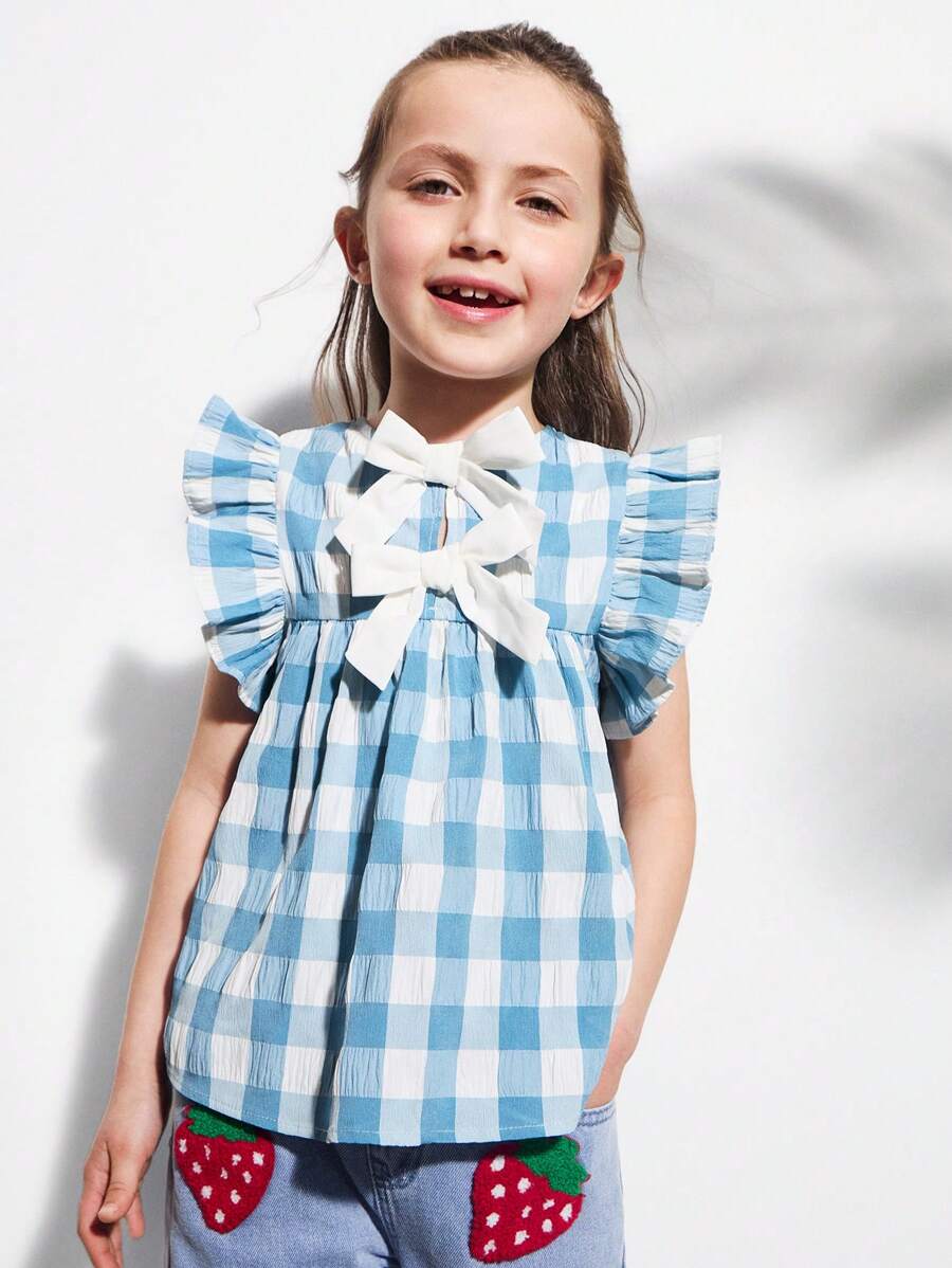 SHEIN 年轻女孩蓝色格子短袖蝴蝶结后背装饰宽松下摆衬衫，度假和乡村风格 - 藍色 - 查看 1