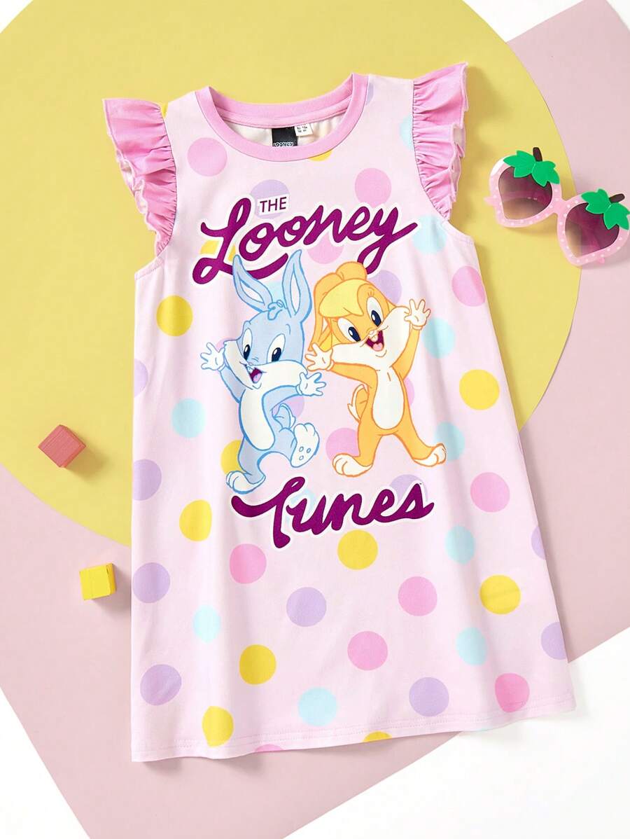 LOONEY TUNES X SHEIN Young Girl Cartoon Rabbit Polka Dot Print Knit Round Neck Contrast Color Flounce Cap Sleeve Flame Retardant A-Line Pajama Dress