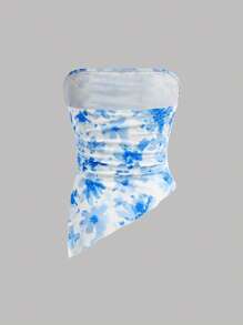 SHEIN 2pcs Set Teen Girls Blue & White Floral Print Crop Top With Ruched Asymmetrical Hem Layered Skirt Holiday Outfits