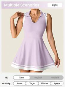 Dewbera 女士瑜伽运动休闲无袖 Polo 领连衣裙，合身健身跑步运动连衣裙，带口袋，舒适通勤户外性感短裤运动连衣裙