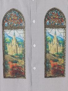 SUMWON Stained Glass Church Window Design Button Down Shirt Artistic Cathedral Print Gothic Architecture Regular Fit Casual Fall Holiday Short Sleeve Streetwear