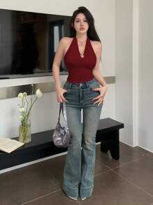 DAZY 女士性感修身露背吊带镂空背心，性感女式上衣，适合度假穿着 - 紅色 - 查看 2