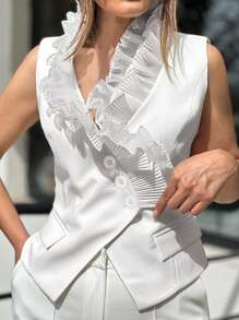 SHEIN Clasi Elegant Sleeveless Women's Shirt With White Ruffle Trim And V-Neck - White - View 1