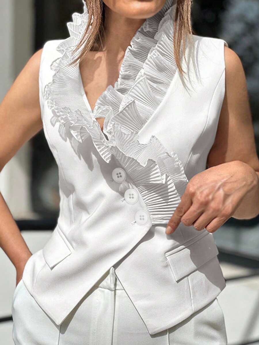 SHEIN Clasi Elegant Sleeveless Women's Shirt With White Ruffle Trim And V-Neck - White - View 1
